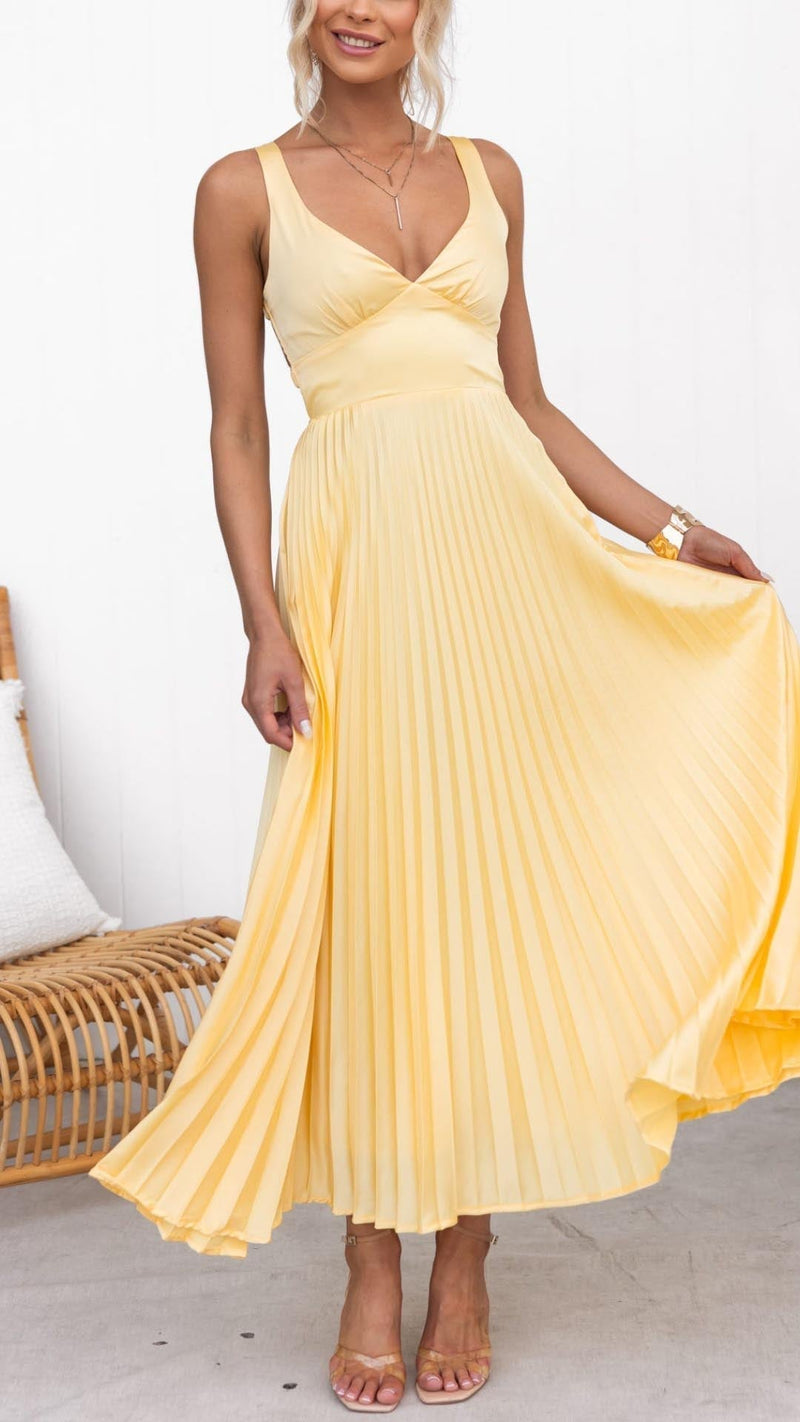 Aby - Abito maxi plissettato giallo con scollatura a V